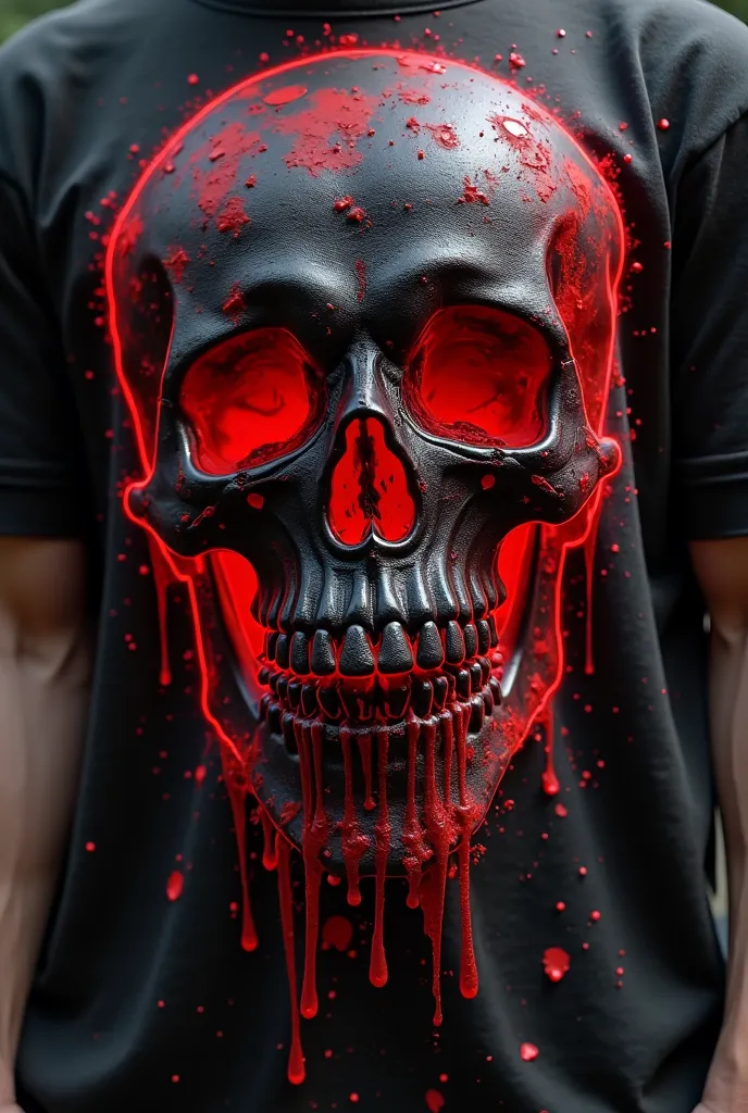 a close up of a black shirt with a skull and blood splattered on it, h. u. d, 8 k highly detailed ❤🔥 🔥 💀 🤖 🚀, red skull, very very high detailed, u. h. d, stefan koidl inspired, a tshirt. blender art, highdetailed, glowing red skull, high detail clothing, ...