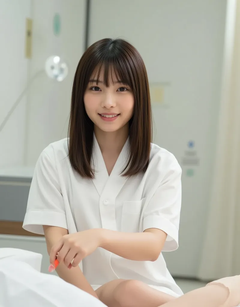 A young and beautiful Japanese female nurse is giving an injection to a patient's arm in a hospital examination room. She is wearing a plain white nurse's uniform and smiling gently. Ultra high resolution, super high quality photo.