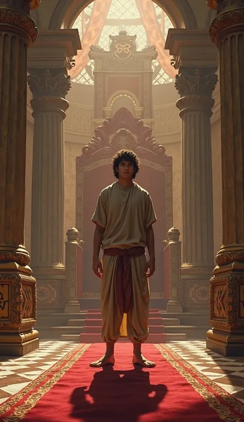 biblical time, a smart, poorly dressed young guy stands in the throne room 