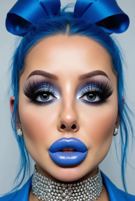 incredibly long and voluminous eyelash extensions, bright blue makeup, blue hair , diamond earrings , collar, blue lips, lips shaped as if about to kiss, bow-shaped hair ,