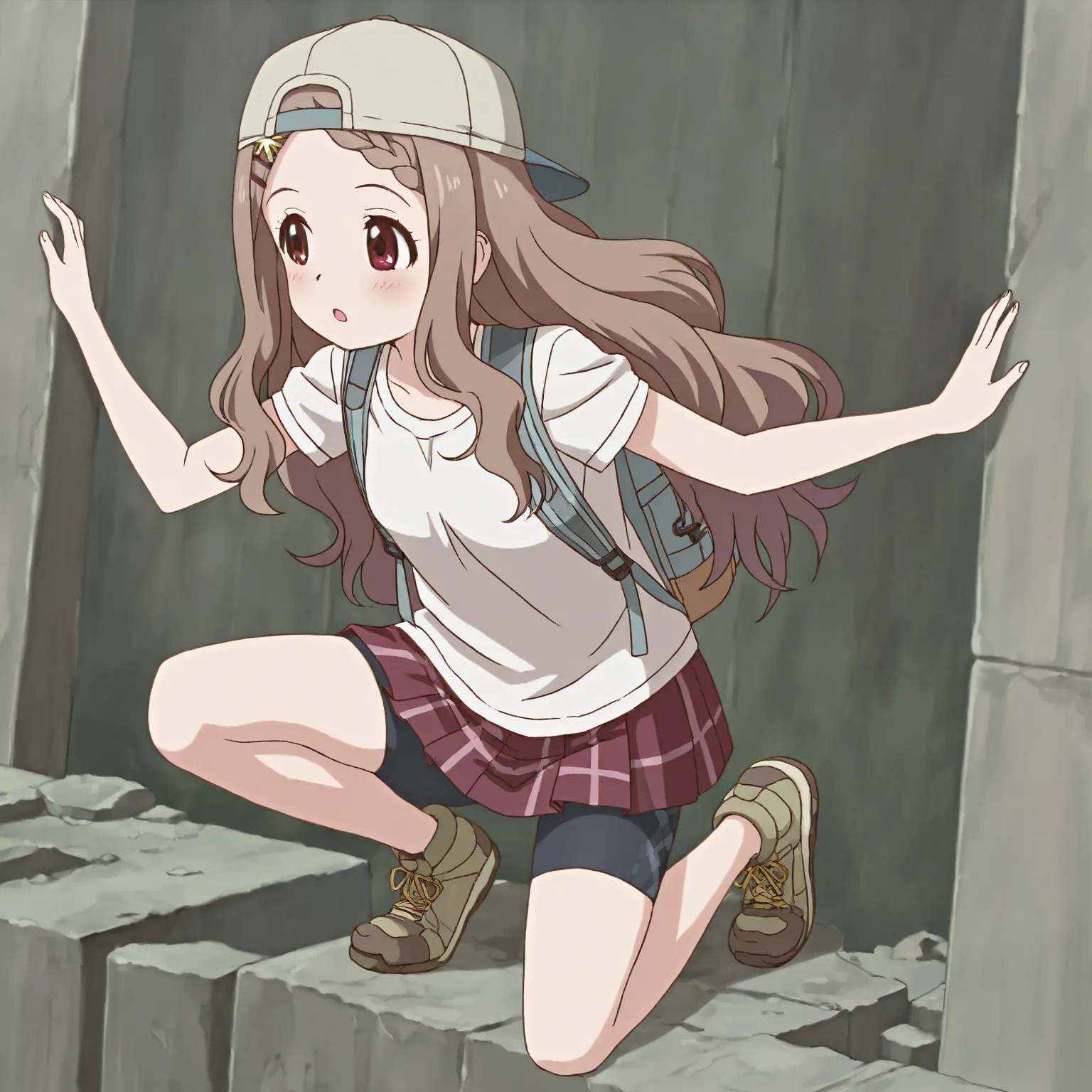 masterpiece, best quality, newest, small breasts, kokona-casual,aoba kokona,red eyes,brown hair,long hair,white t-shirt, red pleated skirt, tartan check skirt, bike shorts under skirt, backwards hat, backpack, 1girl, solo, Scaling rocks, full body,