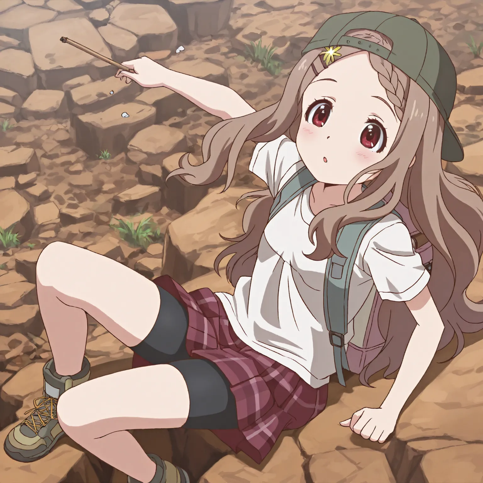 masterpiece, best quality, newest, small breasts, kokona-casual,aoba kokona,red eyes,brown hair,long hair,white t-shirt, red pleated skirt, tartan check skirt, bike shorts under skirt, backwards hat, backpack, 1girl, solo, Scaling rocks, full body,