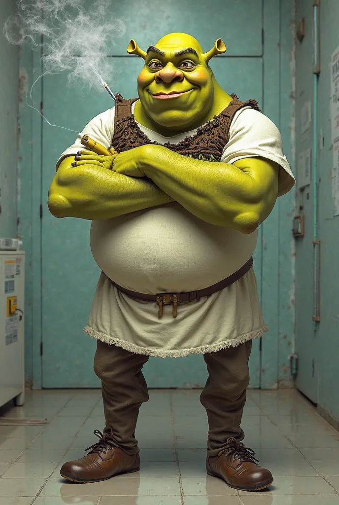 Photo of Sherk smoking pangas in a doctor's uniform with his arms crossed