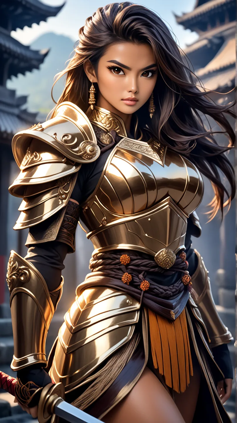 A young, tall, imposing Thai warrior woman, wearing shiny bronze armor that highlights her strong, feminine muscles. Her face is of rare beauty, with elegant features and an expression of determination and strength.
Her skin is a lightly tanned acai brown....