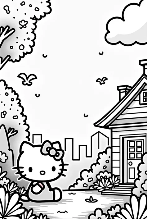 create 10 coloring pages of hello kitty in a garden, city, house,etc.