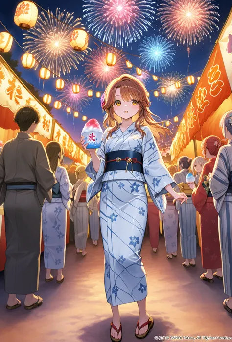    young  , Nape,yukata,stall,Sandals,fair,holding かき氷, Fireworks,Date