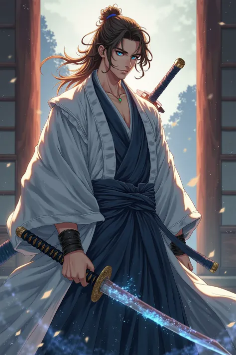 Anime, Male samurai, attractive, brown hair, blue eyes, neaklace with an emerald attached, samurai gear, combat ready, spiritual katana blade. full body view.