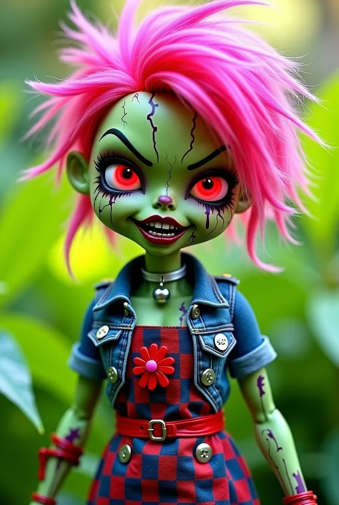 "Generate a detailed image of a punk rock zombie doll standing in a lush green garden. The doll has green, cracked zombie-like skin, large glowing red eyes with black pupils, and a menacing expression with slightly open mouth showing uneven teeth and dark ...