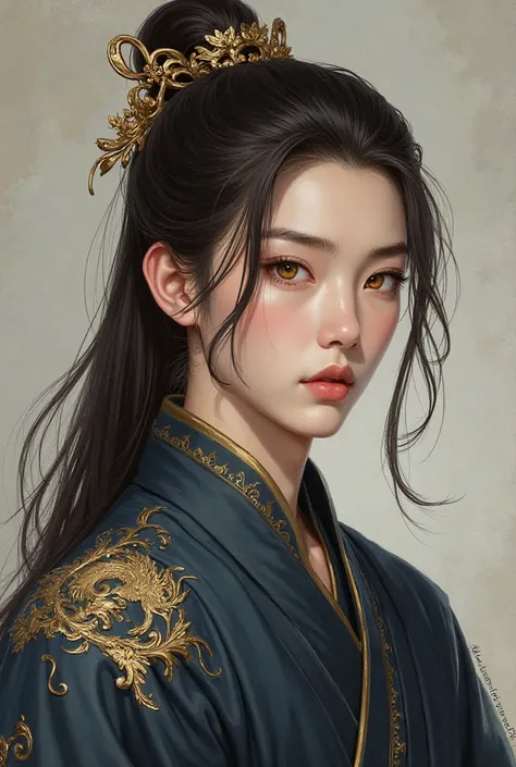 **Hair:**  The character has long, dark brown to black hair, styled in a high ponytail or bun secured with an elaborate gold and bronze ornamental hairpin.  The ponytail is thick and flows down his back, with a few loose strands framing his face. The hair ...