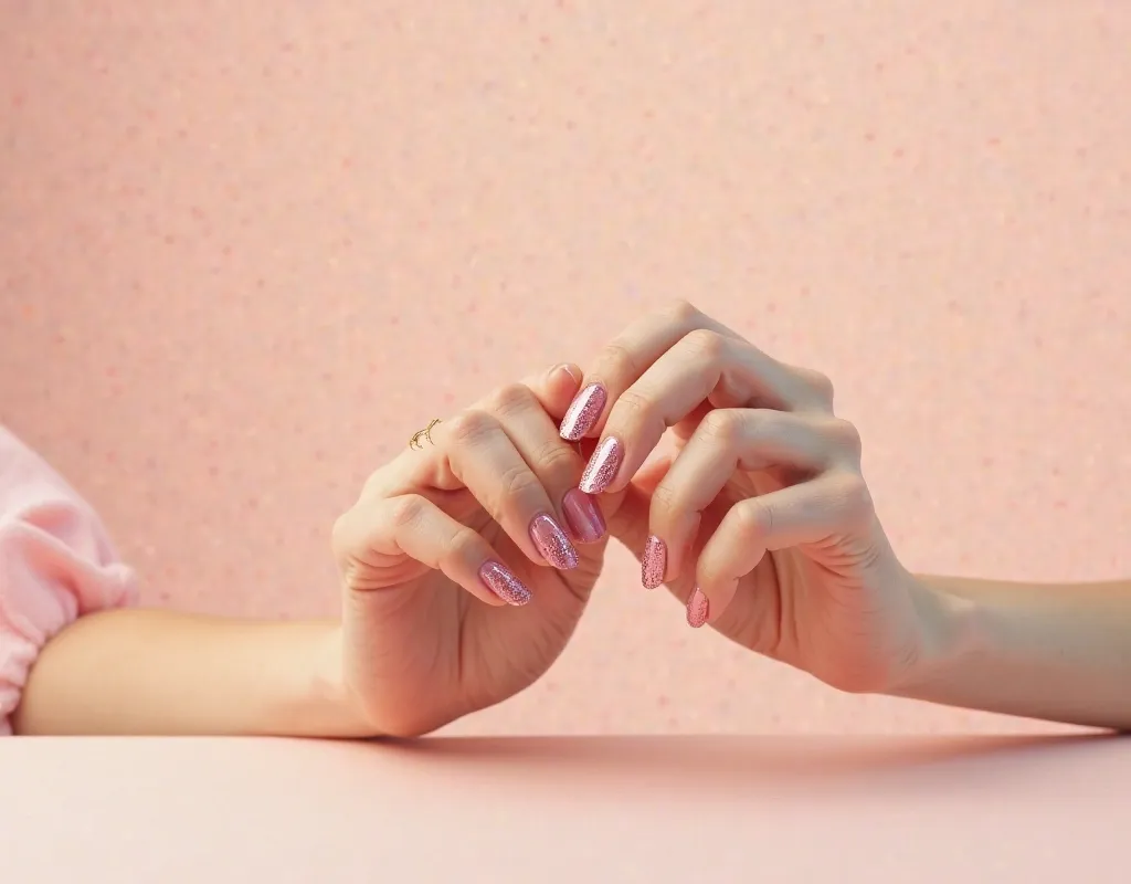  beautiful nail design、 hands、The background is pink beige、Pale Light、anatomically correct