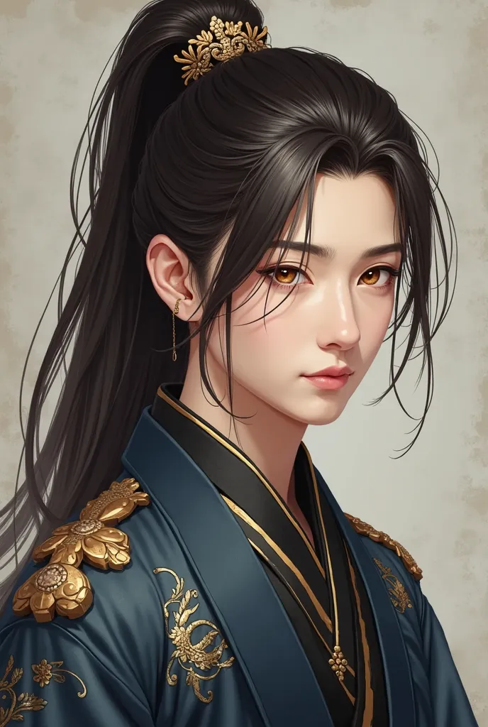 **Hair:**  The character has long, dark brown to black hair, styled in a high ponytail or bun secured with an elaborate gold and bronze ornamental hairpin.  The ponytail is thick and flows down his back, with a few loose strands framing his face. The hair ...