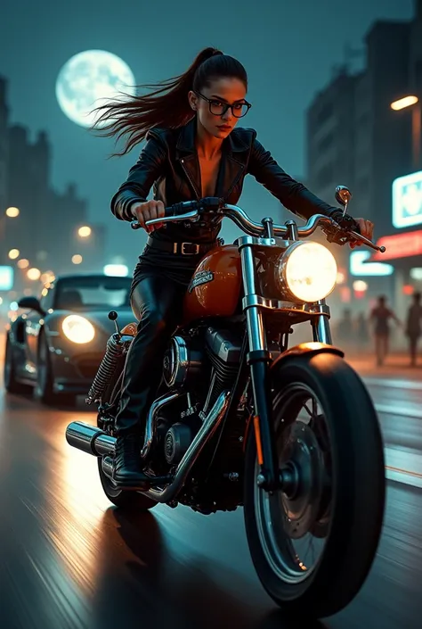 At night time, a beautiful woman with brown ponytail hair with black glasses in a harley davidson motorcycle and black leather outfit is racing a black porsche carrera.