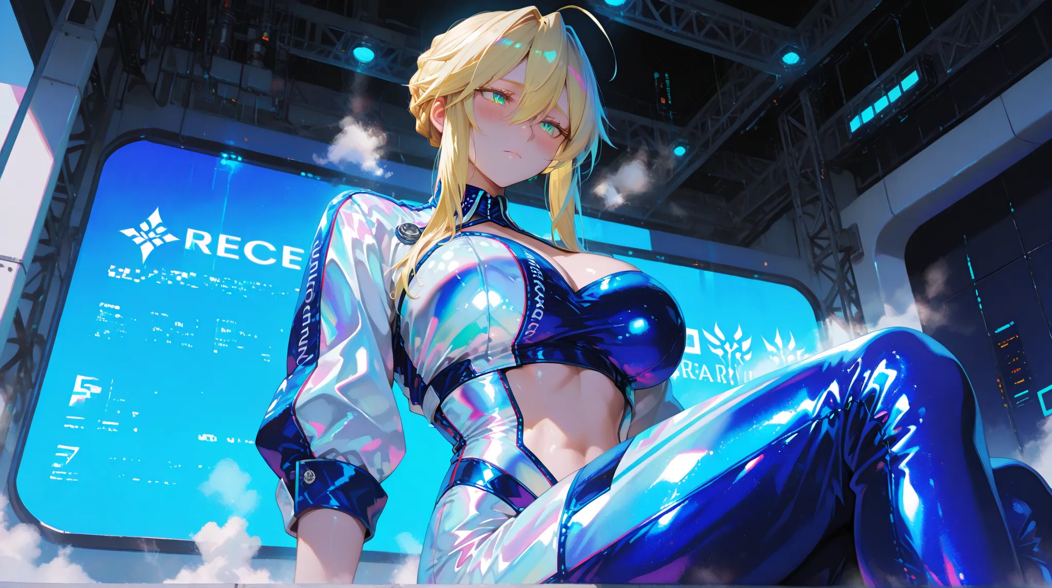 masterpiece, best quality, vibrant, very aesthetic, high contrast, semirealistic, newest,,very beautiful woman, One person,,,artoria pendragon (lancer),sit, open, from below, , steam, Clear skies,circuit,Race Queen Outfit,strong shiny costume,Iridescent sh...