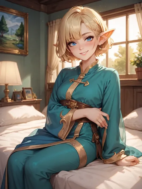 ((masterpiece)), 1 girl, goblin girl, colored skin green, high resolution, short hair,  green leather, sharp ears, blue eyes, blonde hair, blushes, jealousy , Flirting,  smile, she is wearing a blue short satin robe, room with a bed, aesthetically pleasing...