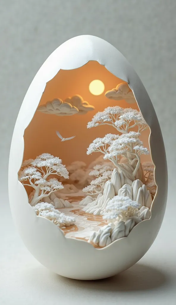 ZOZ_XUANHUAN A masterpiece within an eggshell: a miniature landscape unfolds, crafted with precision in hollow-carved Chinese craftsmanship. Tiny trees, birds, and streams swirl inside the delicate eggshell canvas, as if painted by tiny brushes. White pape...