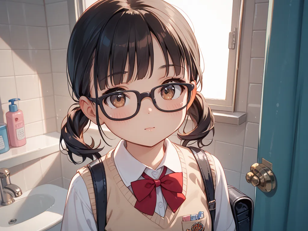 Girl&#39;s, Glasses,  black hair, straight  , brown eyes, blush, Babyface 
Elementary school students hold pouches in their hands in the toilet
