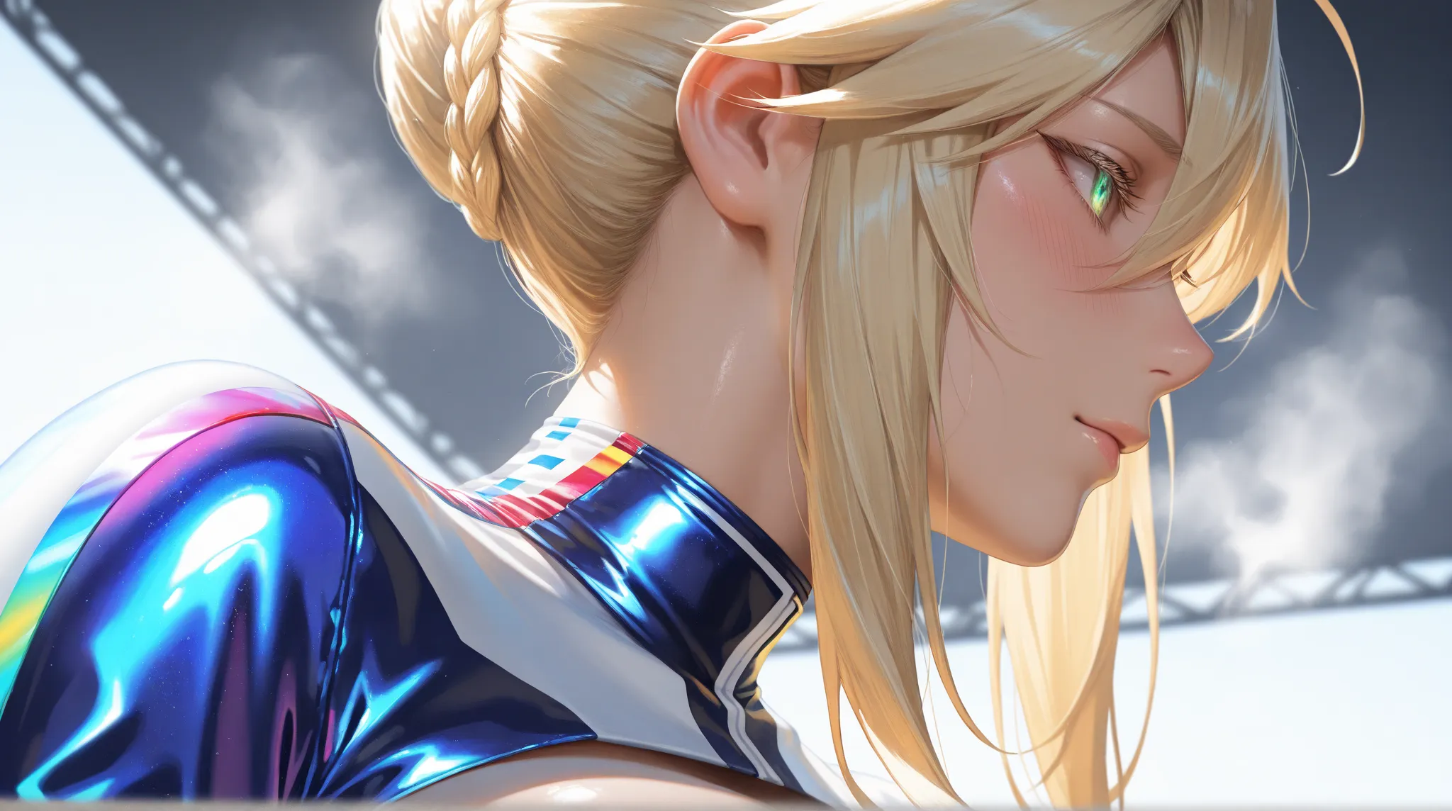 masterpiece, best quality, vibrant, very aesthetic, high contrast, photorealistic portrait,beautiful detailed face,profile, newest,realistic, One person,,,artoria pendragon (lancer),sit, open, from below, , steam, Clear skies,circuit,Race Queen Outfit,stro...