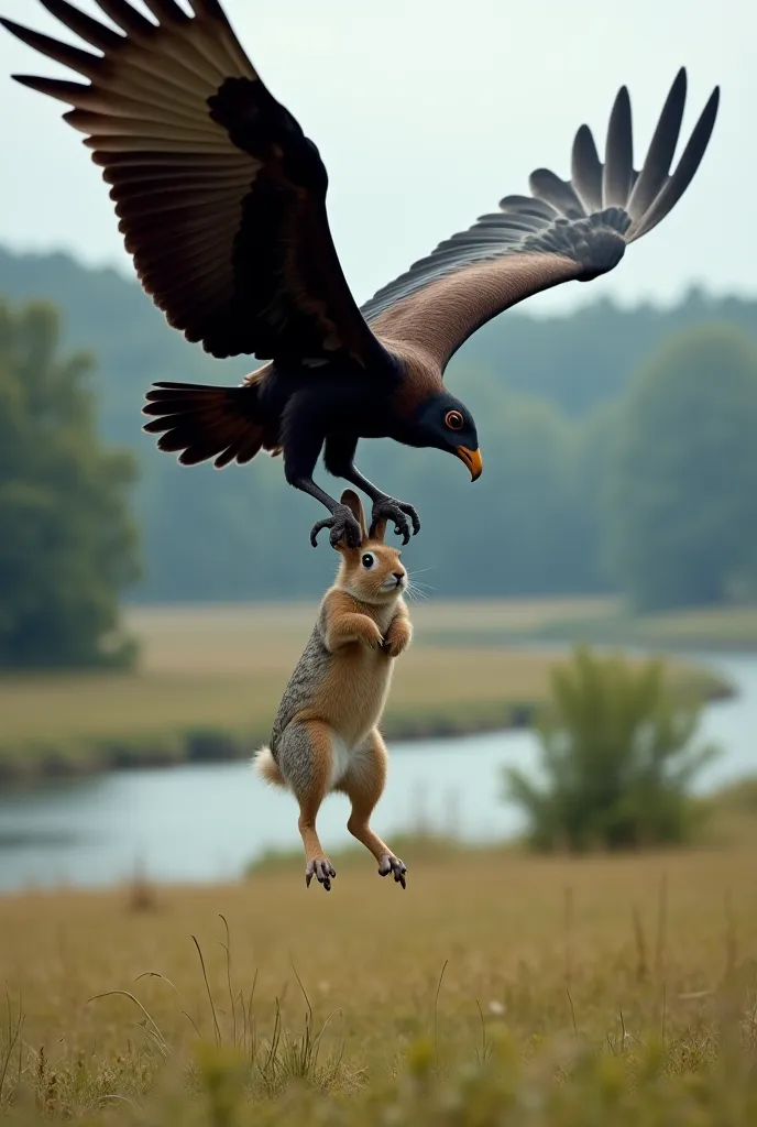 A large, dark-feathered vulture swoops down and grabs the rabbit with its sharp talons. The rabbit dangles helplessly in the air, looking terrified. The background shows the meadow shrinking below, with trees and the river in the distance.