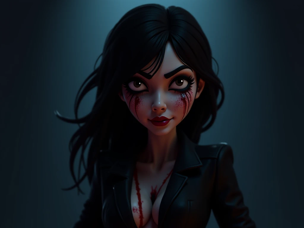 Image Prompt:

"With a mysterious, dangerous woman, black leather jacket and dark mascara eyes, standing in the dark. She has a cold revenge in her eyes, and there are light blood splashes on her face.,3D cartoon animation