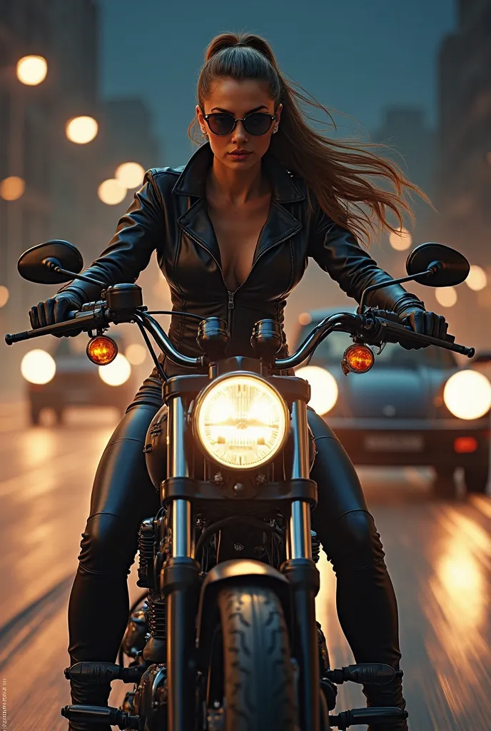 At night time, a beautiful woman with brown ponytail hair with a Harley Davidson motorcycle and sunglasses in a black leather outfit is racing a black porsche carrera.