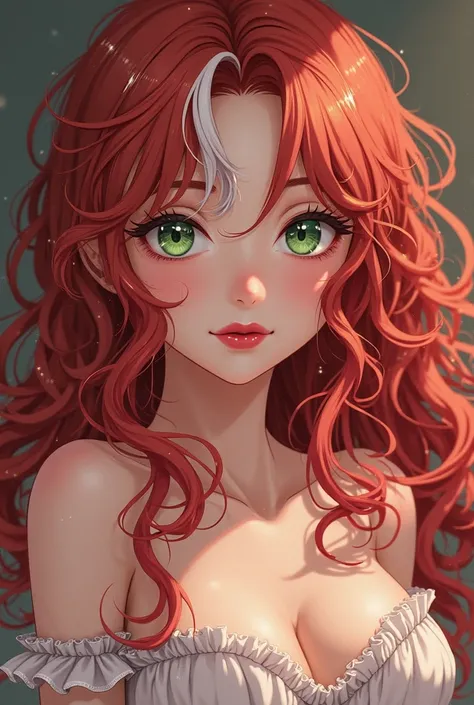 Pretty woman, sweet face , curly long and red hair with one White streak in halftail, Apple Green eyes, red lipstic , dress with ruffled neckline, pretty and sexy body , dr stone style