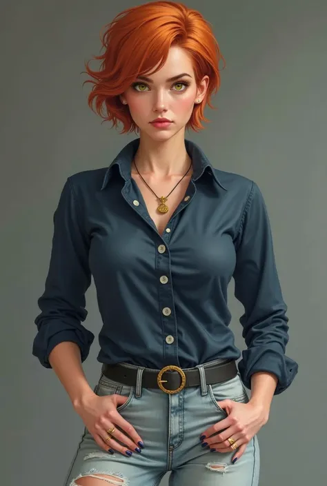 Appearance

Young woman with fair skin. Short, orange-red hair with a slight fringe on the left side of her face. Serious and determined expression. Yellow, almost golden eyes. Beautiful, curvy body. Dark blue nails.

Clothing

She has a look that reflects...