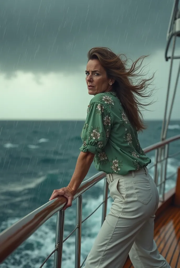 a woman 61-year-old on the left has long brown hair and is dressed in a green blouse with a floral pattern and white capri pants, stood up and held onto the yatch's railing facing the sea while screaming in panic, the background is rainstorm, side angle