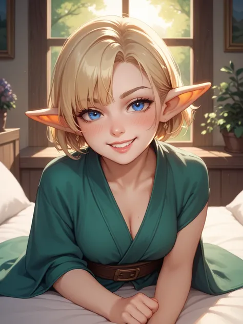 ((masterpiece)), 1 girl, goblin girl, colored skin green, high resolution, short hair,  green leather, sharp ears, blue eyes, blonde hair, blushes, jealousy , Flirting,  smile, she is wearing a blue short satin robe, room with a bed, aesthetically pleasing...