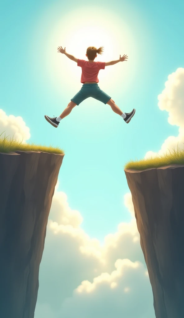 "The image of a young man or woman jumping from one cliff to the other shows the courage and determination to overcome fear. Behind is a clear sky with sunlight shining creating a feeling of hope and inspiration. The bottom of the cliff is not a dangerous ...