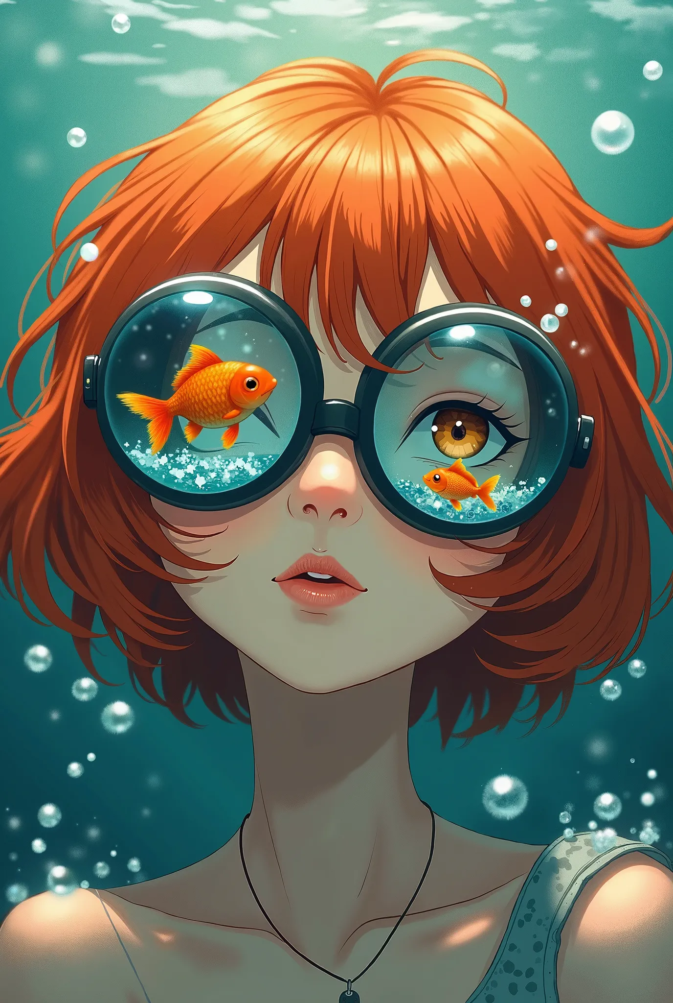 
Create an anime illustration of a  woman with short, fluffy red-orange hair, wearing oversized round goggles filled with water, where small, vibrant goldfish swim freely. Her expression is serene and mysterious, with one eye open and the other closed. Tin...