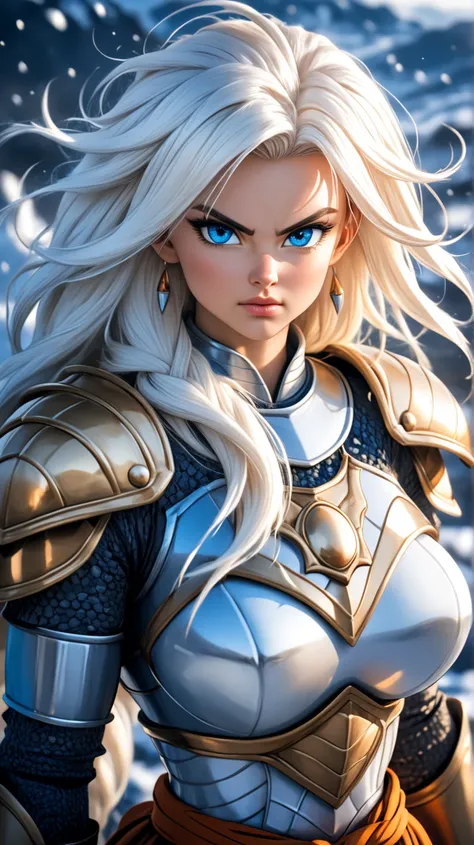 A young Norwegian warrior woman of tall, imposing stature, wearing shining bronze armor that highlights her strong, feminine muscles. Her face is of rare beauty, with elegant features and an expression of determination and strength.
Her skin is extremely m...