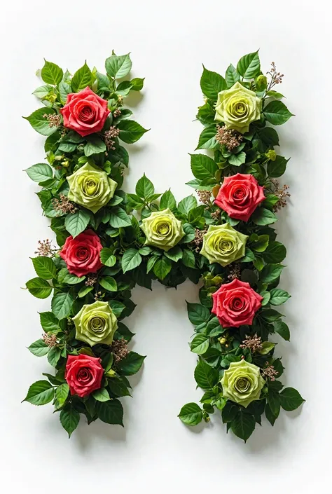 Letter H laid out with green and red roses on white background