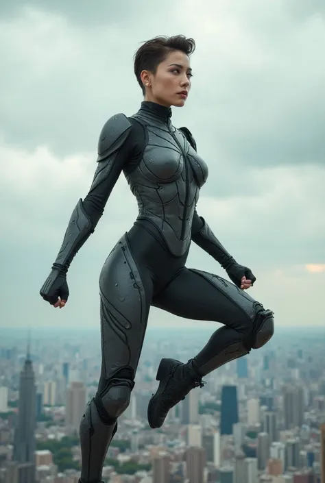 A stunning young woman in her mid-20s hovers in mid-air, exuding power and determination. She wears a sleek, form-fitting black and grey bodysuit with padded armor covering her body from neck to toe, designed for combat. Her short, slicked-back hair enhanc...