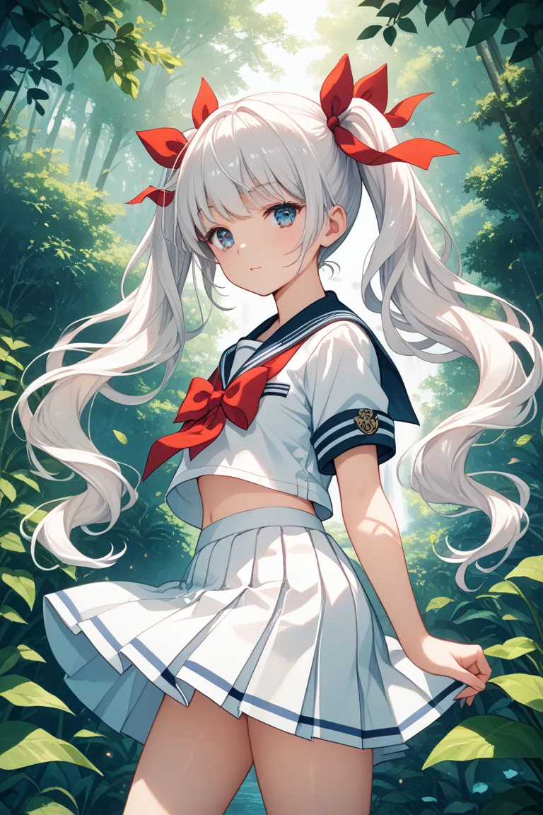 White hair sailor suit, twin tails, red on the right eye, blue on the left, mini skirt, with ribbons attached to the twin tails