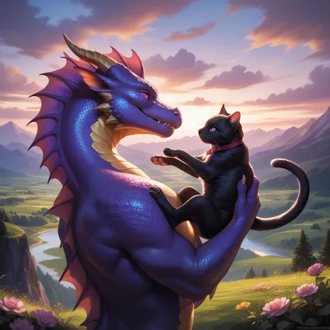 Little purple dragon carrying cute black cat, colorful background