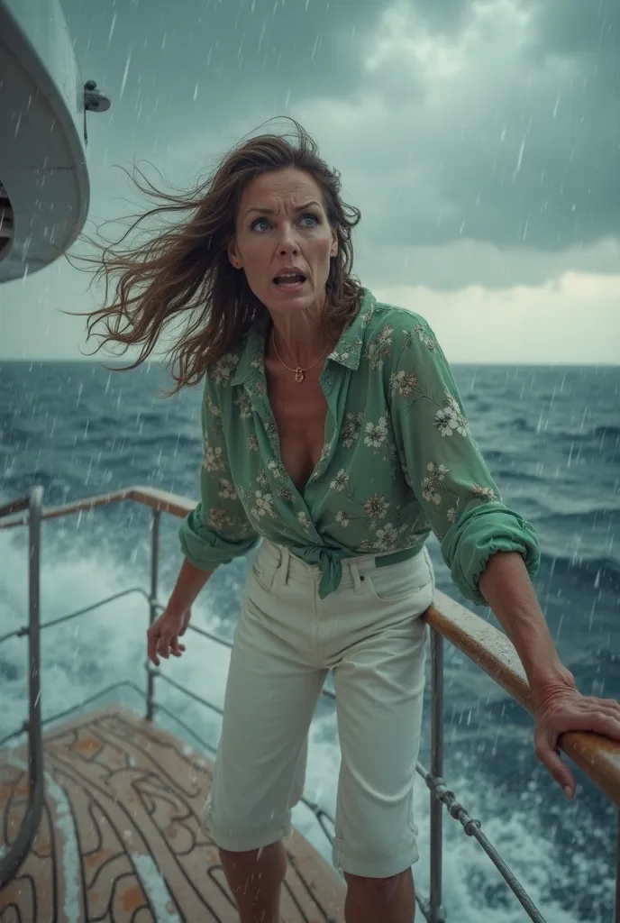 a woman 61-year-old on the left has long brown hair and is dressed in a green blouse with a floral pattern and white capri pants, stood up and held onto the yatch's railing facing the sea while screaming in panic, the background is rainstorm, side angle