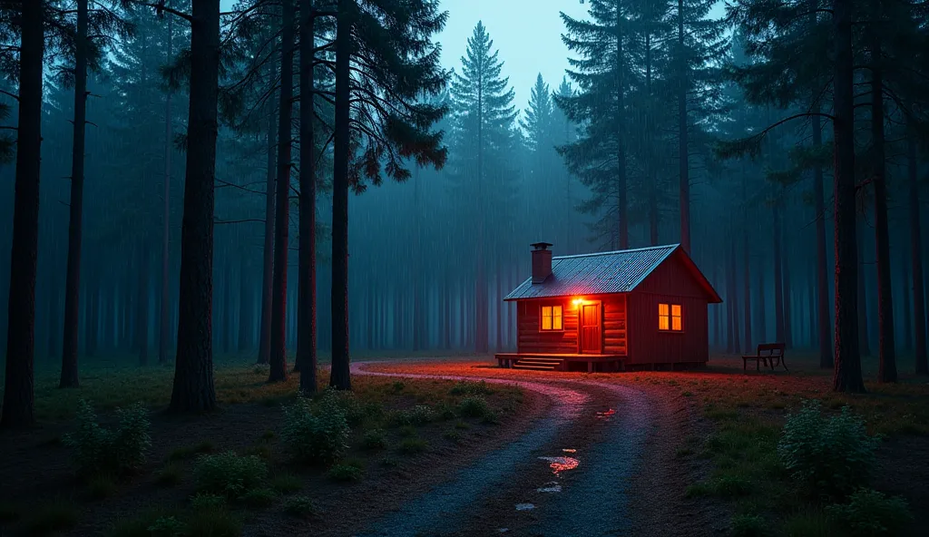 cabin in the wood The cabin will be straight along the picture frame and the distance will be close on 3 sides with open space but some tall trees on one side Summer time view interesting attractive image need night time with raining A red light is flashin...