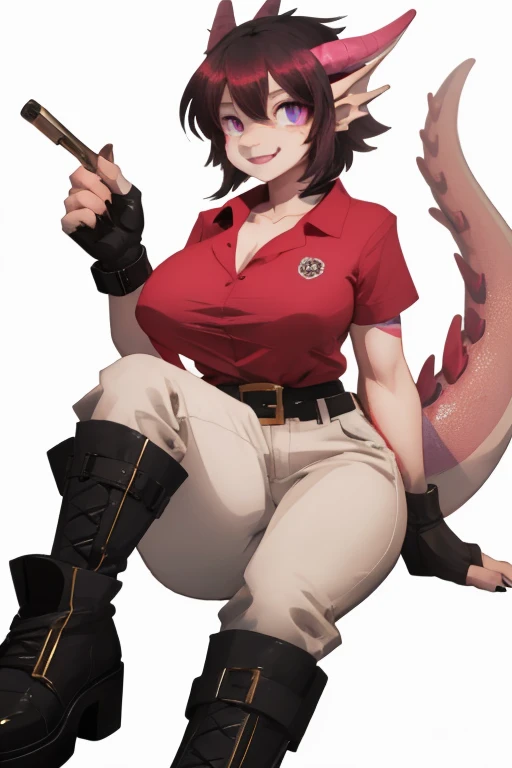 female, magenta eyes, anthropomorphic dragon, pink scales, gold markings, (((1girl))), (((red shirt))), (white pants), (black belt), (black boots), (black fingerless opera gloves), cute and sexy, full body, huge breasts, long legs, smiling, no hair, no ear...