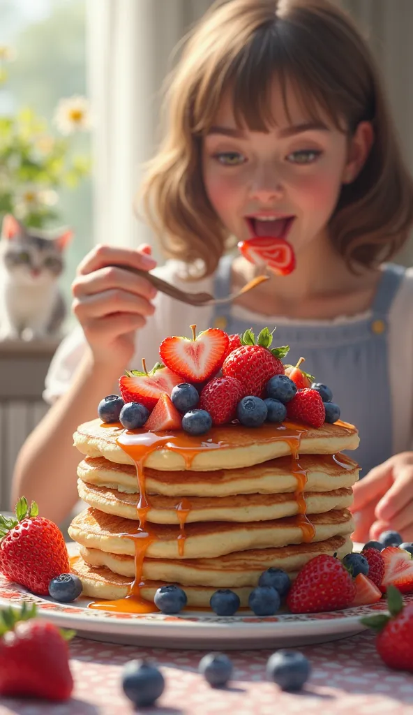 Lots of strawberries and blueberries
The pancake on it

Trying to eat

cute cat

I'm wearing a dress

Facing forward

As real as the picture

