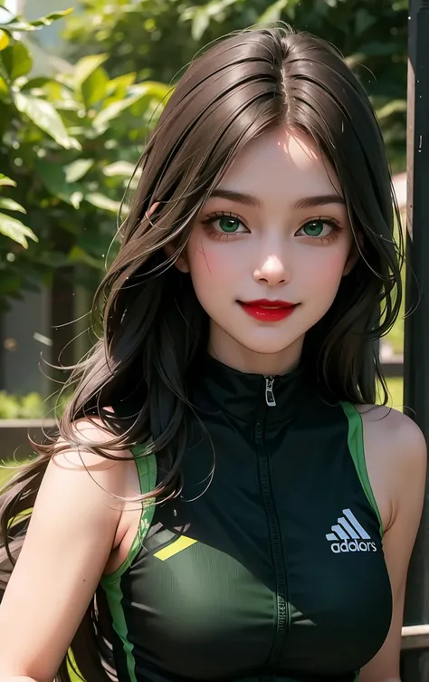 woman , long hair brown, normal, dark, she is solo, from alternative world ,best quality, realistic, cycling (full dark green color) suit and cycling sports black shorts, she is stand , smile, red lipstick , 