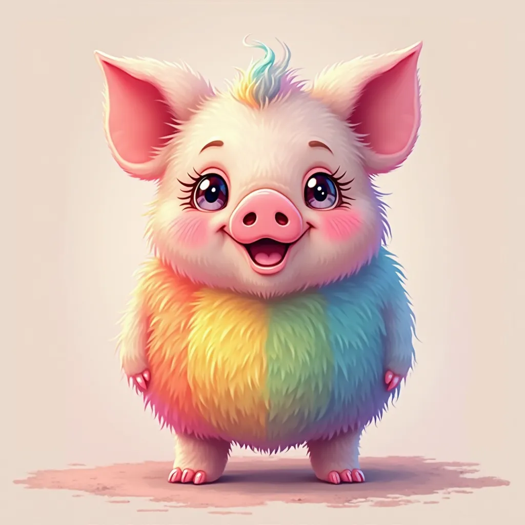 Sliced Anime Pig , Fluffy , Rainbow color , big round eyes , Beautiful smile , Eyelashes  ,  stand upright