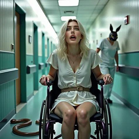  Young Woman,  Skinny and white  ,  Medium platinum blonde hair wavy messy, blue eyes , with the makeup the mascara the lipstick all smudged ,She's sitting in a wheelchair all tied up with a straitjacket,  her screaming, A female nurse wearing a rabbit mas...