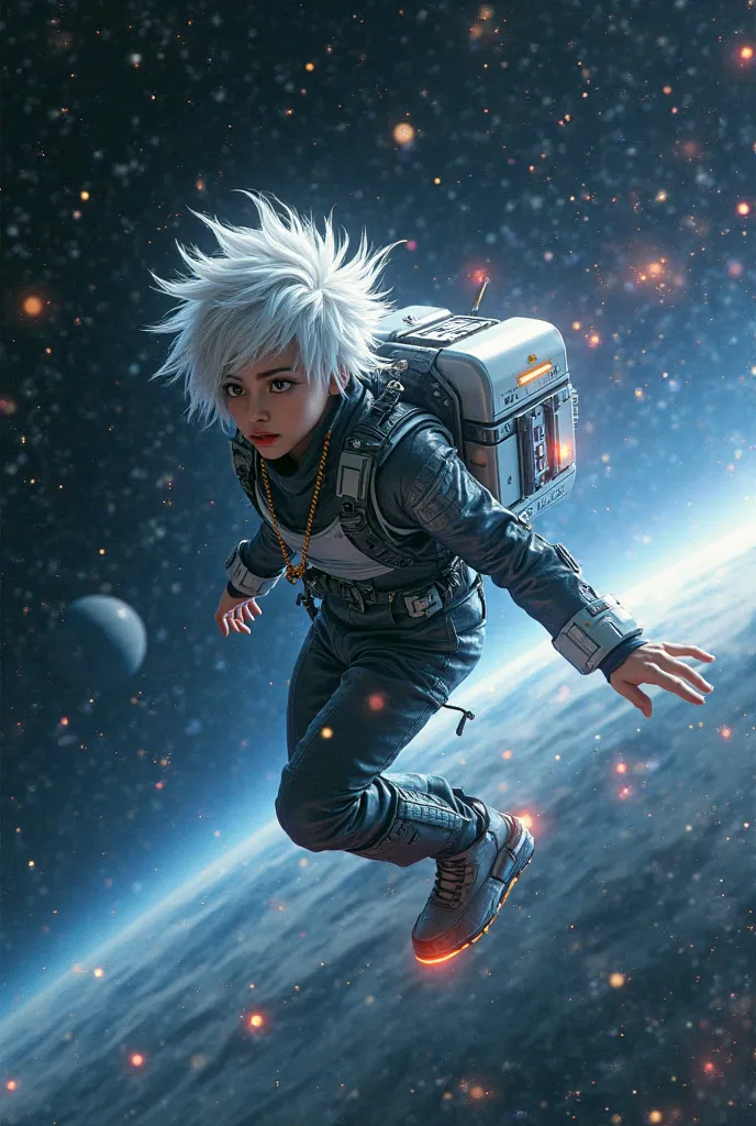 a young adult with white hair traveling in space with his super-fast atomic jet backpack 