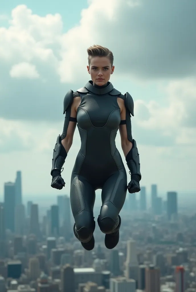 A stunning, caucasian young woman in her mid-20s hovers in mid-air, exuding power and determination. She wears a sleek, form-fitting black and grey bodysuit with padded armor covering her body from neck to toe, designed for combat. Her short, slicked-back ...