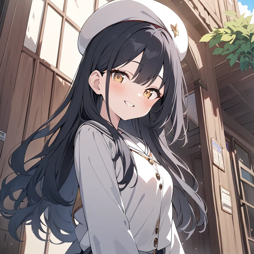 one girl, Alone, long hair, smile,  Eye Catching ,  black hair, with golden eyes, beret, Hi-Res, masterpiece, Hi-Resモデル, high detail, quality, very well detailed, long hair, smile, element,  view from outside , anime風, anime