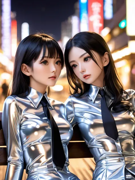 Japanese mother and daughter in extremely tight, shiny silver latex blouse buttoned up, necktie, reflection ,  reflected light , Sitting in the city on the bench, long hair,  black hair, Breasts,