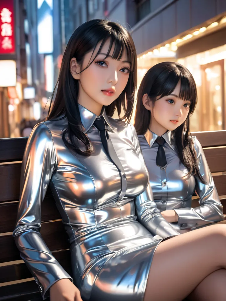 Japanese mother and daughter in extremely tight, shiny silver latex blouse buttoned up, necktie, reflection ,  reflected light , Sitting in the city on the bench, long hair,  black hair, Breasts,