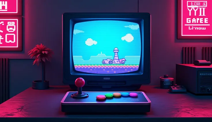 Create an image in the retro vintage style with strong reference to the universe of classic video games. The background must have a nostalgic and flashy visual, inspired by the arcades and consoles of the years 80 and 90. The aesthetic should remind old ar...