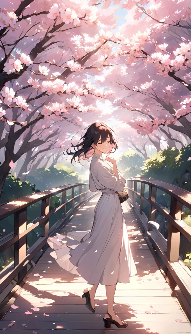 A beautiful Japanese woman in her 20s stands gracefully on a bridge, dressed in elegant office casual attire. She smiles gently as she gazes up at the sky, enjoying the peaceful moment. Beneath her, a breathtaking row of cherry blossom trees stretches alon...