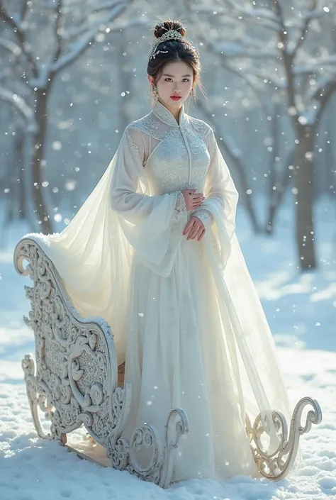 adult beautiful girl， Chinese style， tall，cheongsam，Standing on a cute sleigh，white cape，Snow